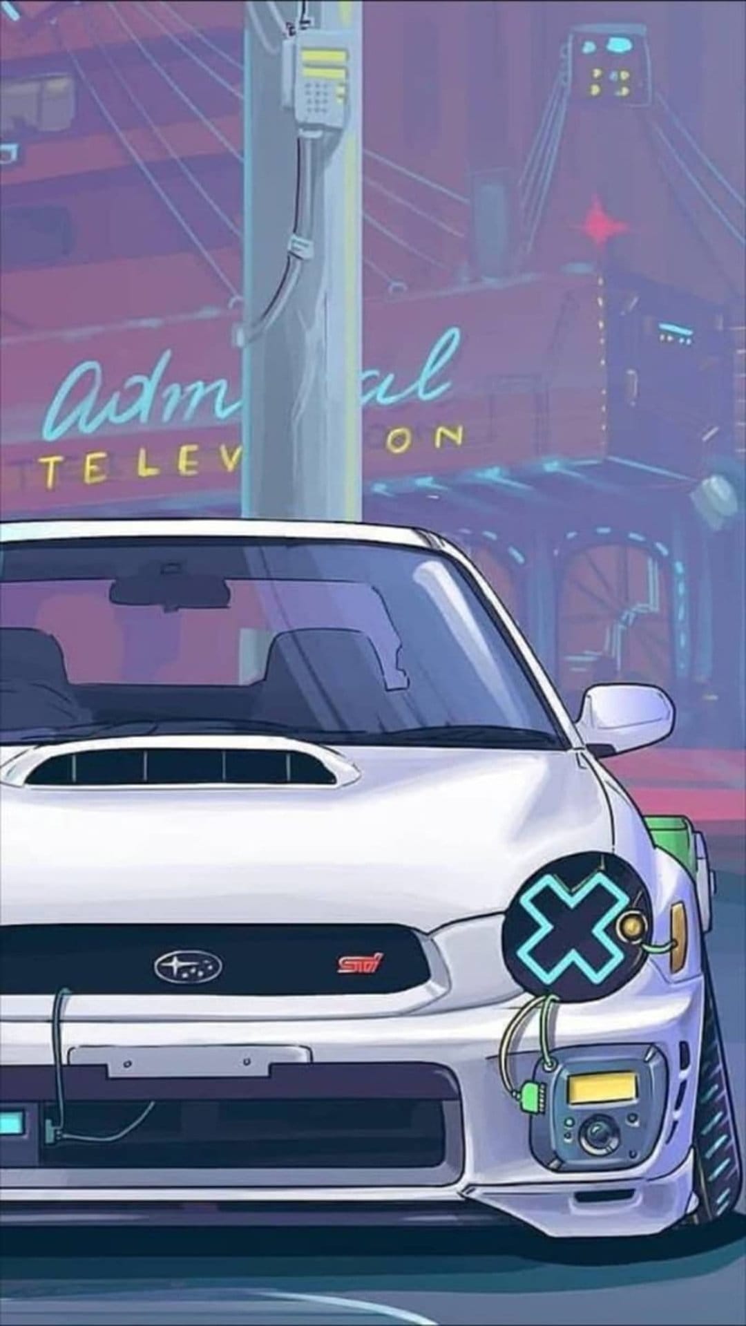 Subaru WRX STI with glowing X headlights parked on a futuristic street under neon signs and a rainy urban sky.