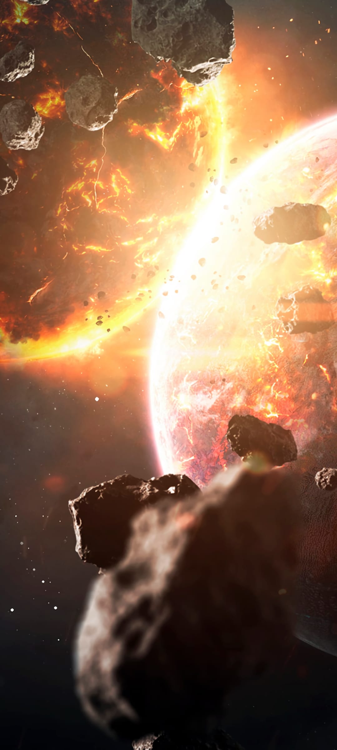 Glowing planetary fragments and asteroids collide amidst a massive fiery explosion within a dark cosmic void.