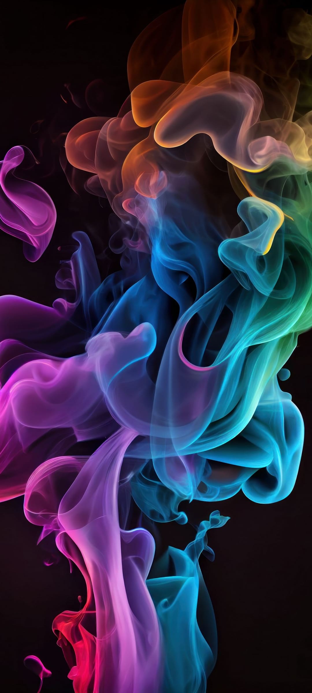 Swirling pink and blue smoke clouds intertwine in a dark space with soft gradient transitions and fluid textures.