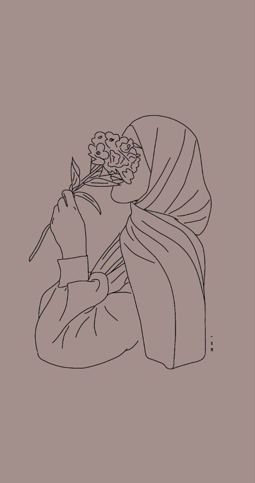 Woman in a hijab leans toward a bouquet of flowers in a minimalist brown line drawing on a taupe background.