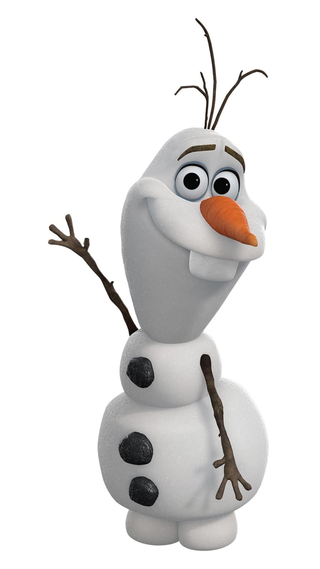 Olaf the snowman waves a twig hand while smiling with a carrot nose and coal buttons on a white background.