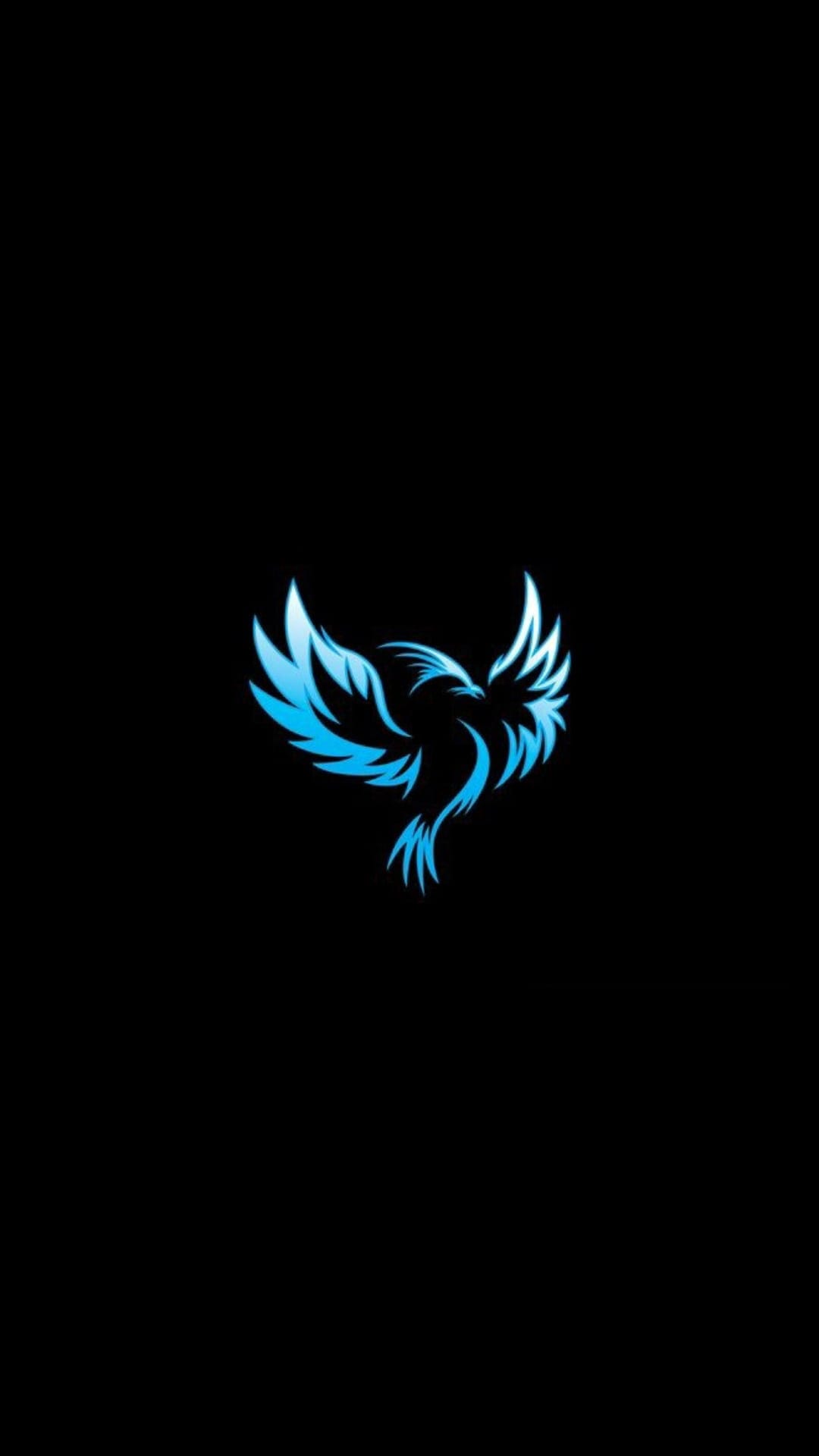 Blue phoenix with spread wings and trailing tail feathers centered against a solid black backdrop in mid-flight.