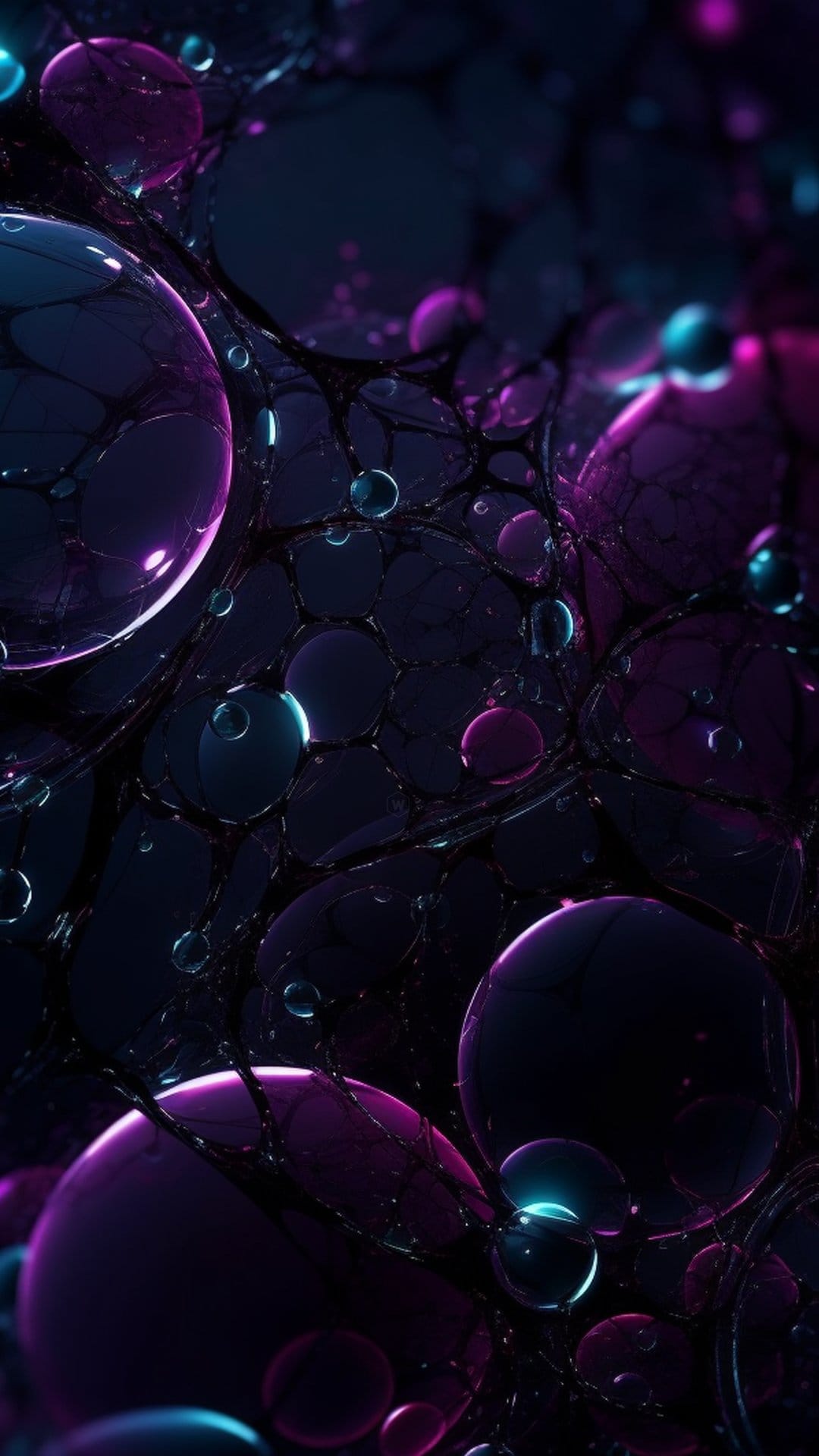 Iridescent purple and teal spheres clustered together with thin dark veins and glowing internal light reflections.