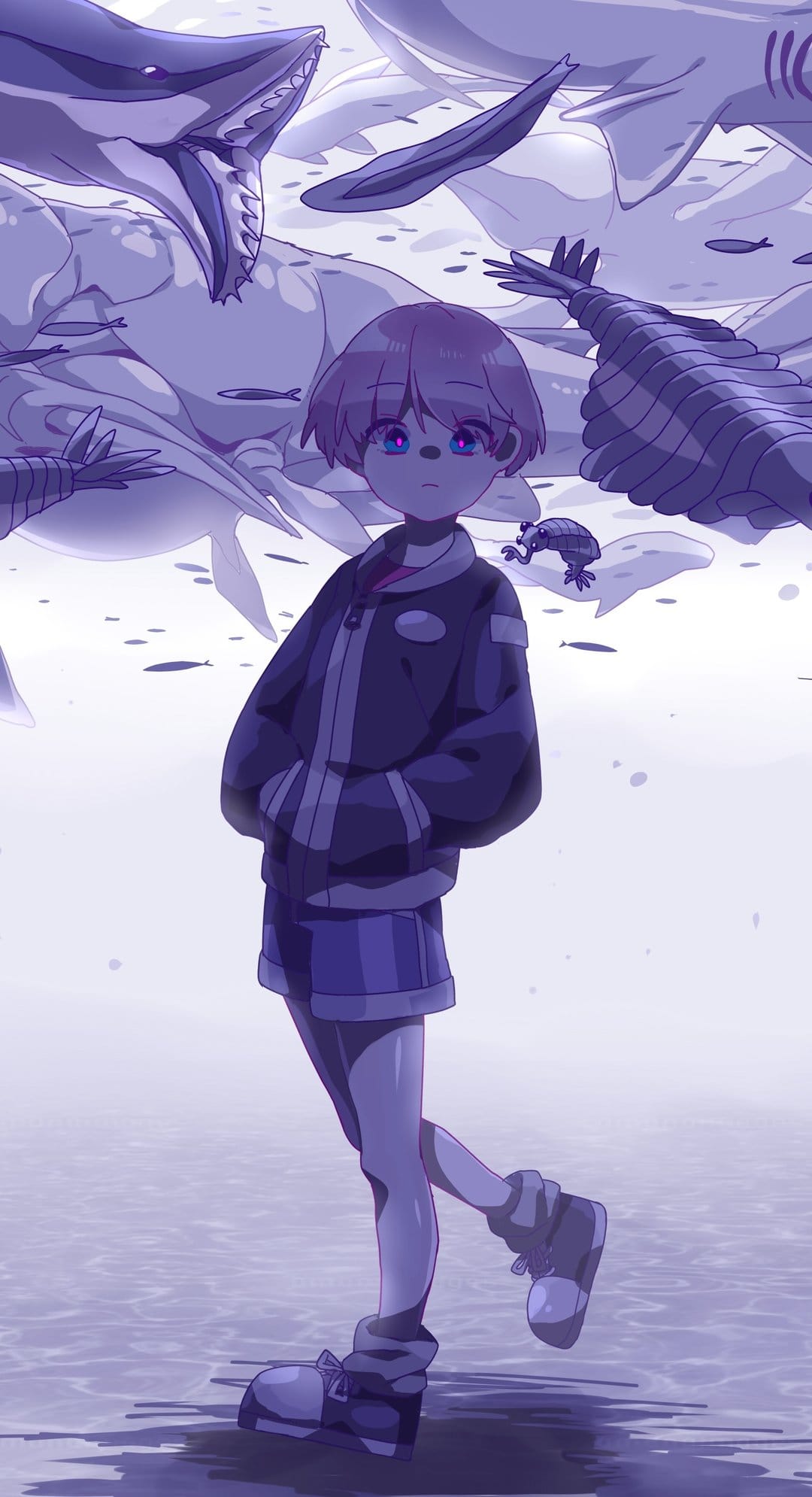 Child with purple eyes stands in shallow water as giant prehistoric whales and a large shark circle overhead.