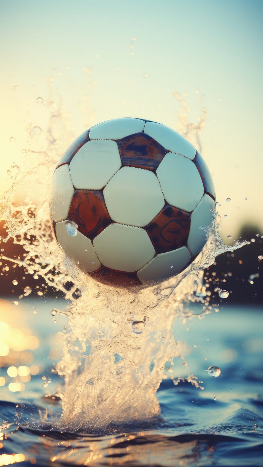 Soccer ball hitting a pool of water at sunset with golden droplets flying through the air in a vertical frame.