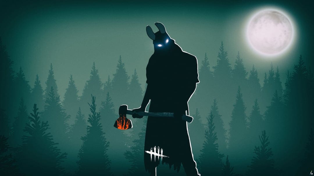 Silhouette of a rabbit-masked slasher with glowing eyes and a blood-stained axe in a dark pine forest at night.