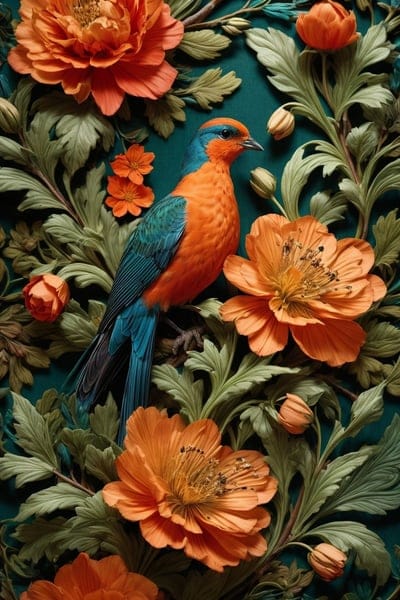 bird,orange,blue,orange,flowers,art