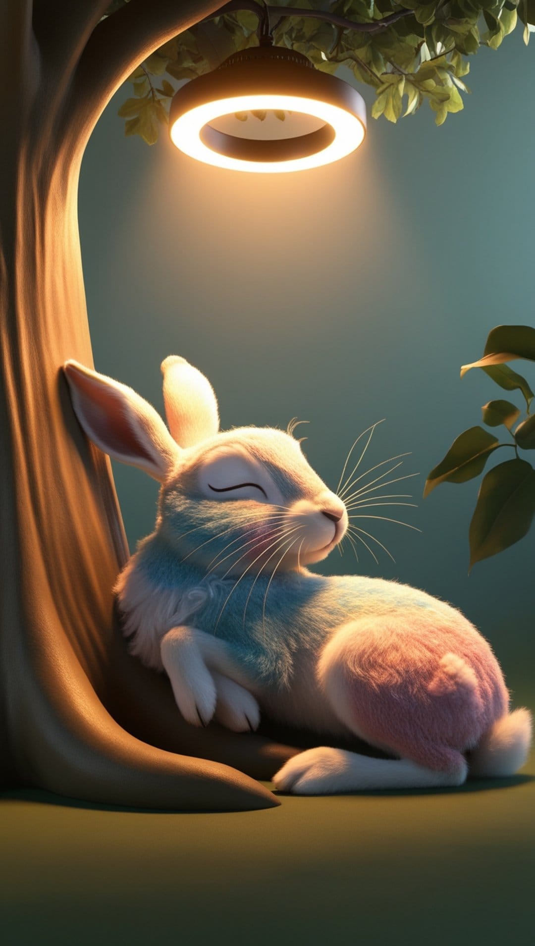 Fluffy white bunny sleeping against a mossy tree trunk beneath a glowing circular ring light in a green forest.