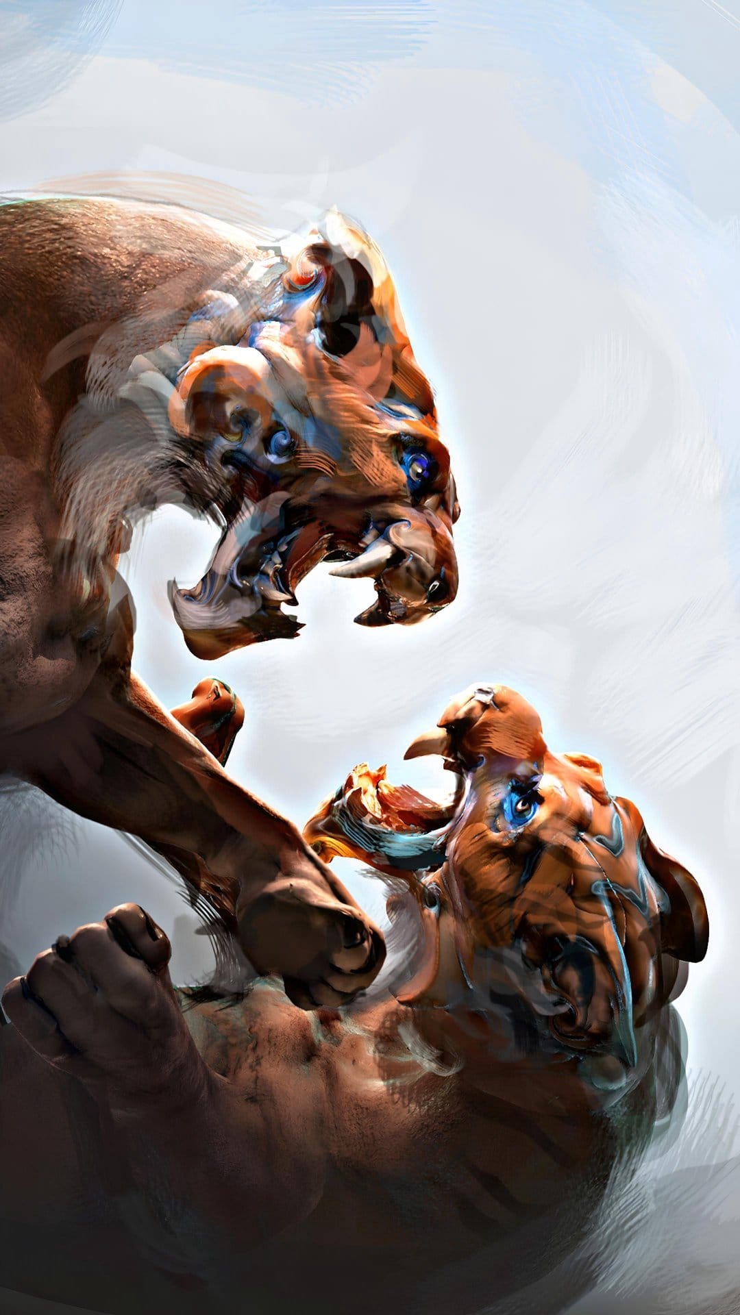 Two stylized tigers with glowing blue eyes engage in a fierce battle using bold orange and white brushstrokes.