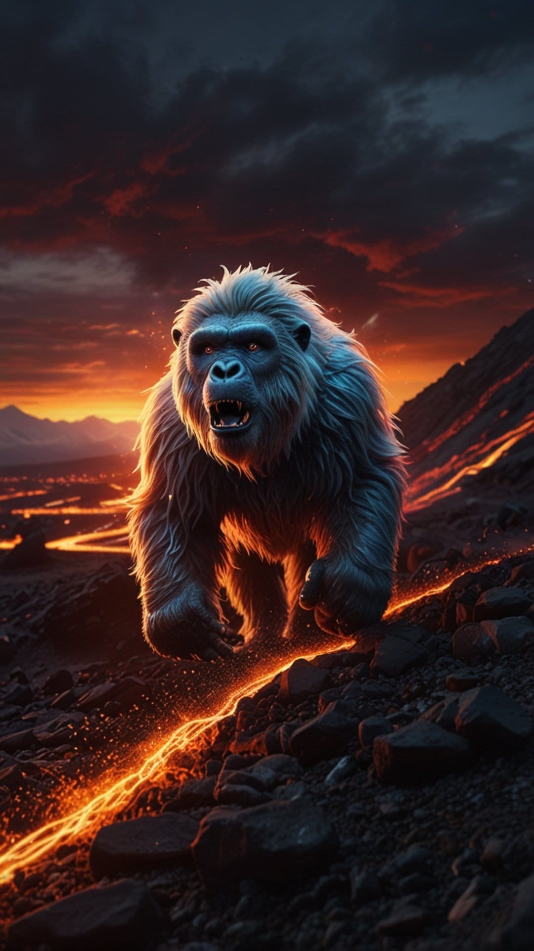Bigfoot roars with bared teeth beside glowing orange lava flows under a dark smoky sky at a crimson sunset.
