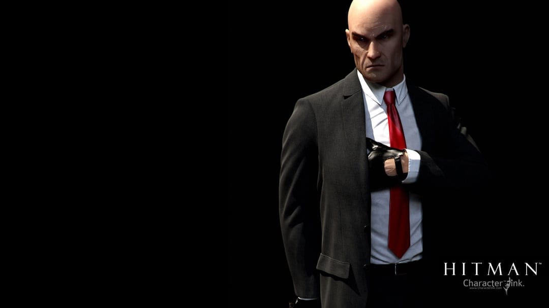 Agent 47 from Hitman in a black suit and red tie reaches into his jacket against a solid black background.