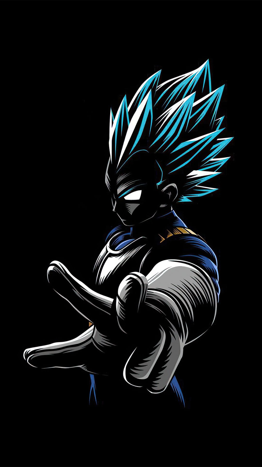 Vegeta in Super Saiyan Blue form glows with blue outlines against a black background with one hand outstretched.