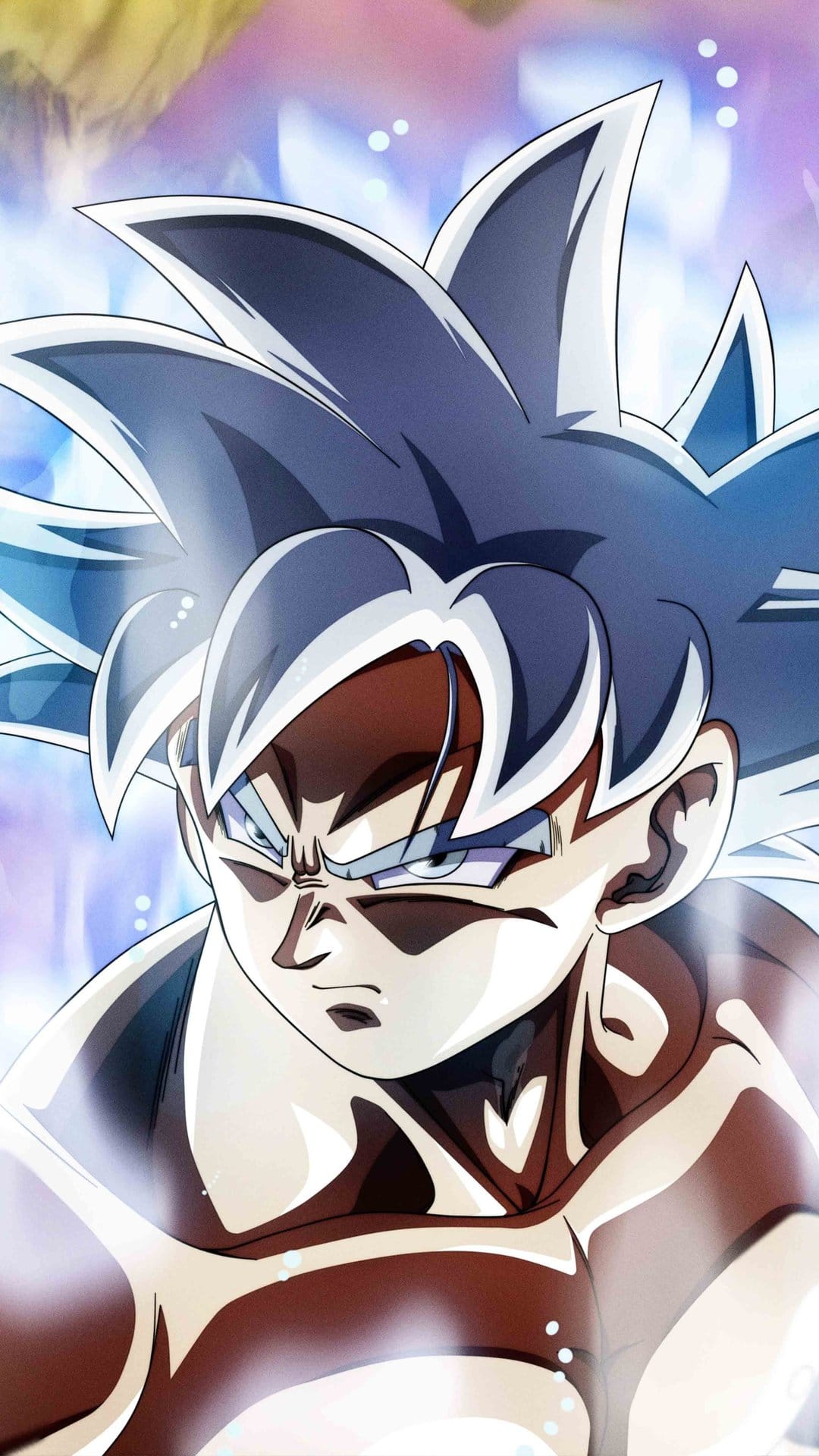 Goku stares ahead with glowing silver hair and gray eyes, showcasing his Mastered Ultra Instinct state clearly.