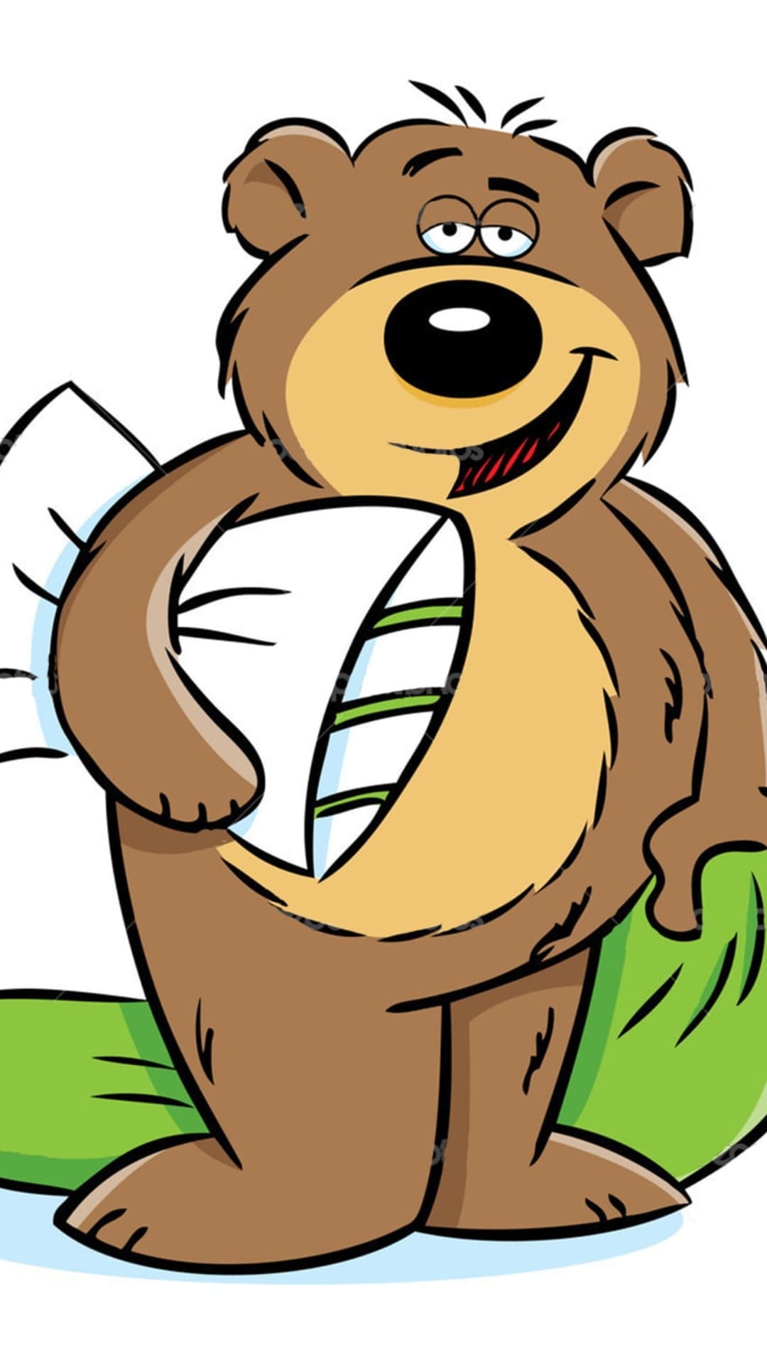 Happy brown bear with sleepy eyes hugs a white and green striped pillow while lying on a plush green surface.