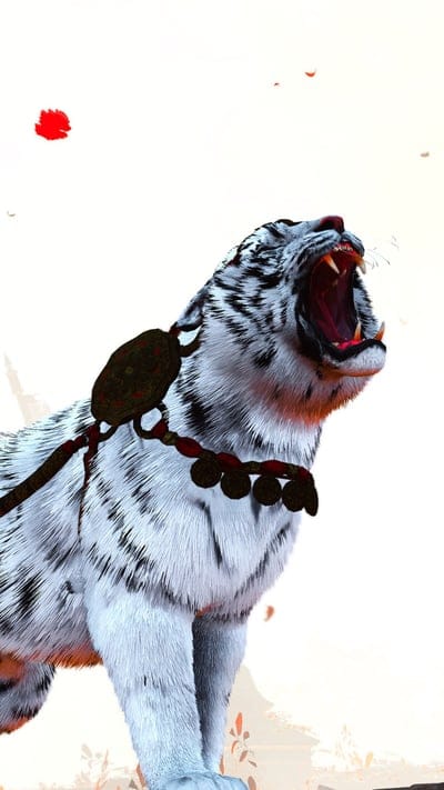 White tiger, roaring, majestic, fierce, animal, wild, powerful, red accents, fantasy, big cat, spirit animal, untamed, dynamic, expressive, intense, mystical, predator, dramatic, artwork, nature