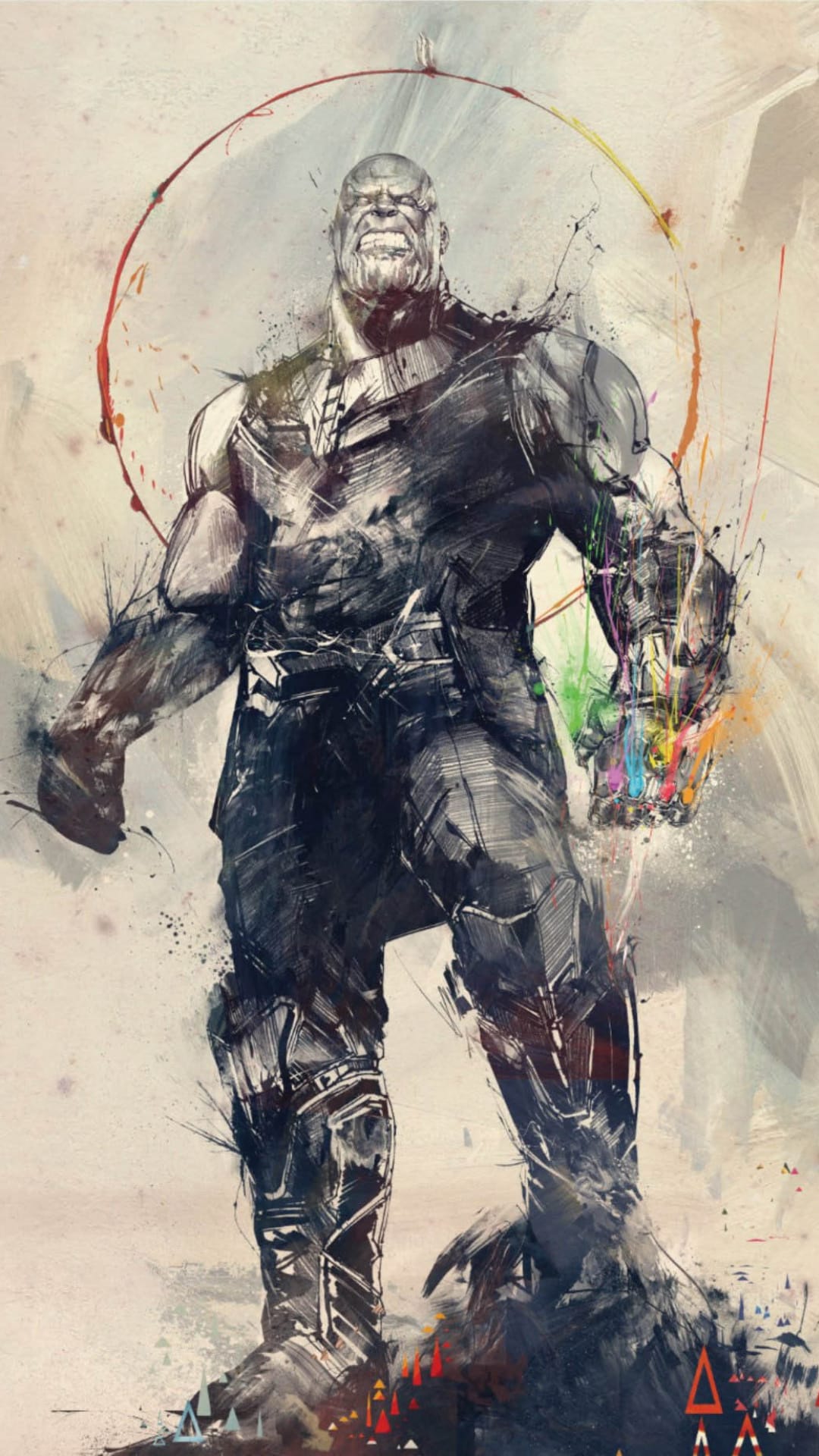 Thanos wears the Infinity Gauntlet with six glowing gems against a red circular halo and textured background.