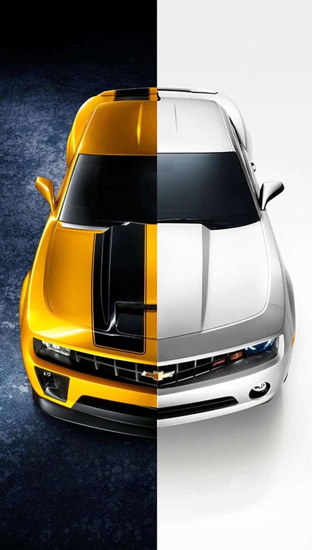 Chevrolet Camaro split between yellow and white paint with black racing stripes and a vertical center line.