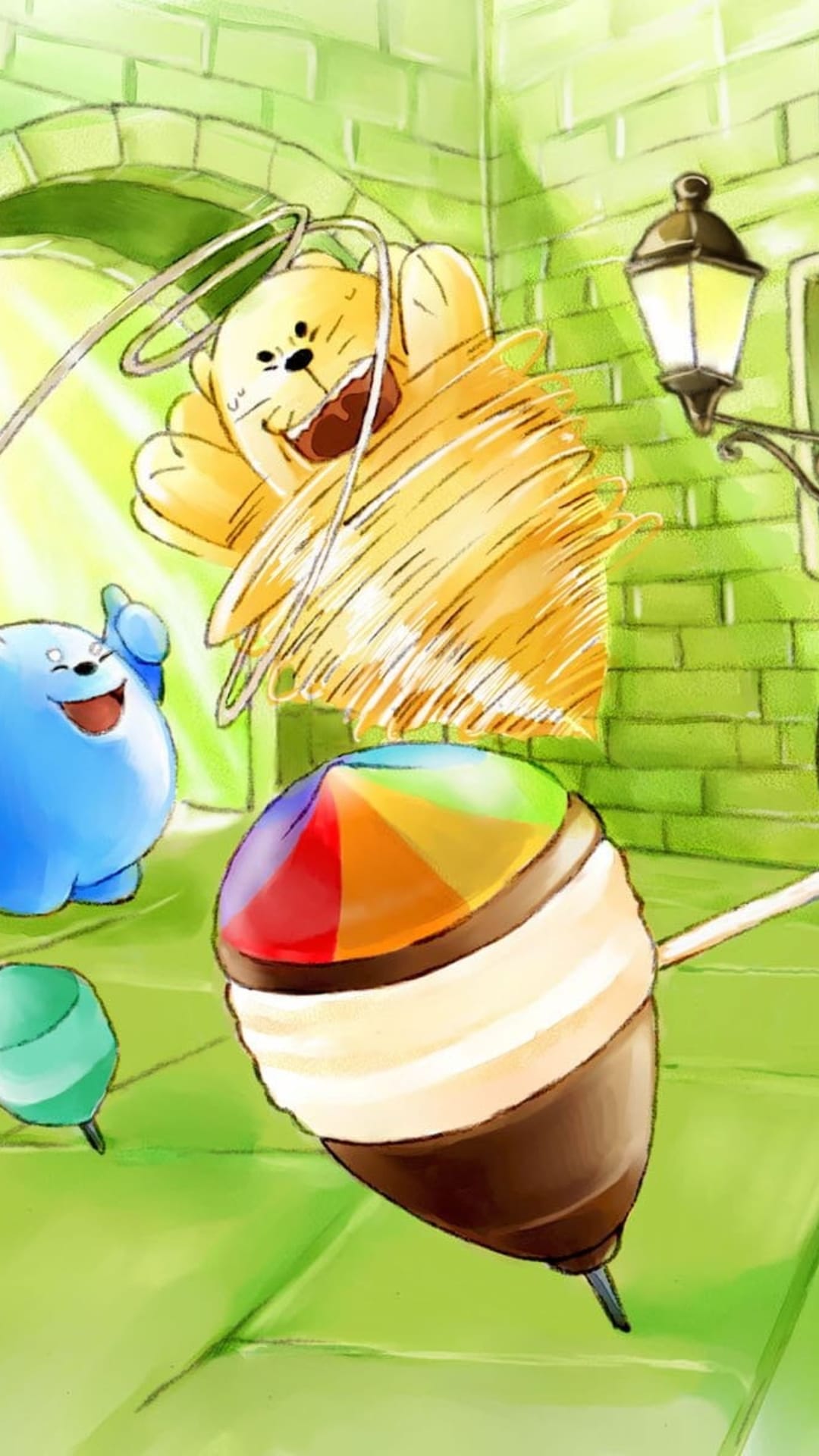 Blue blob and yellow furry creature cheer beside a large rainbow-colored spinning top near a green brick wall.