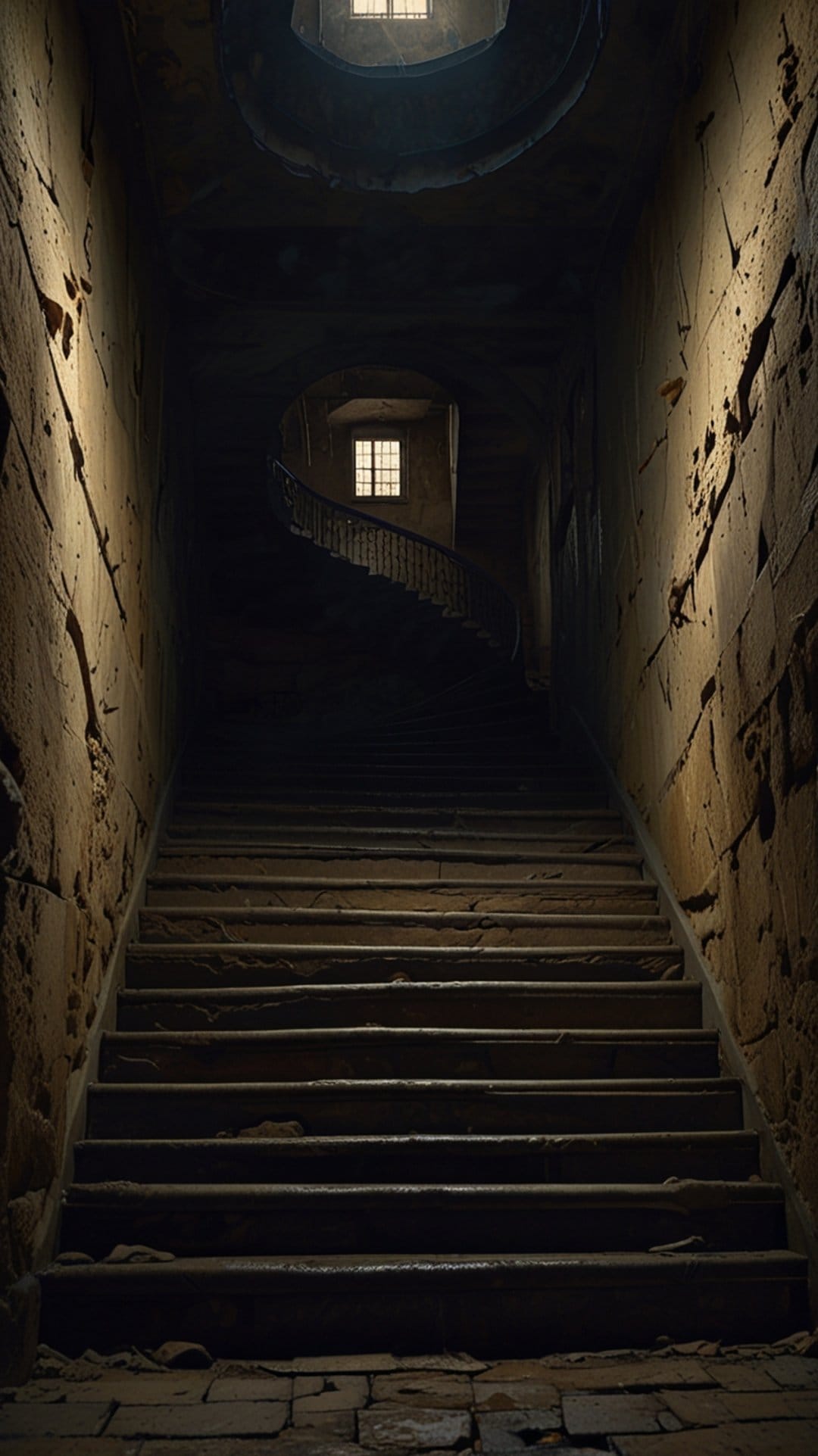 Spiral stone staircase winds upward through a dim tower with light filtering through small iron-gridded windows.