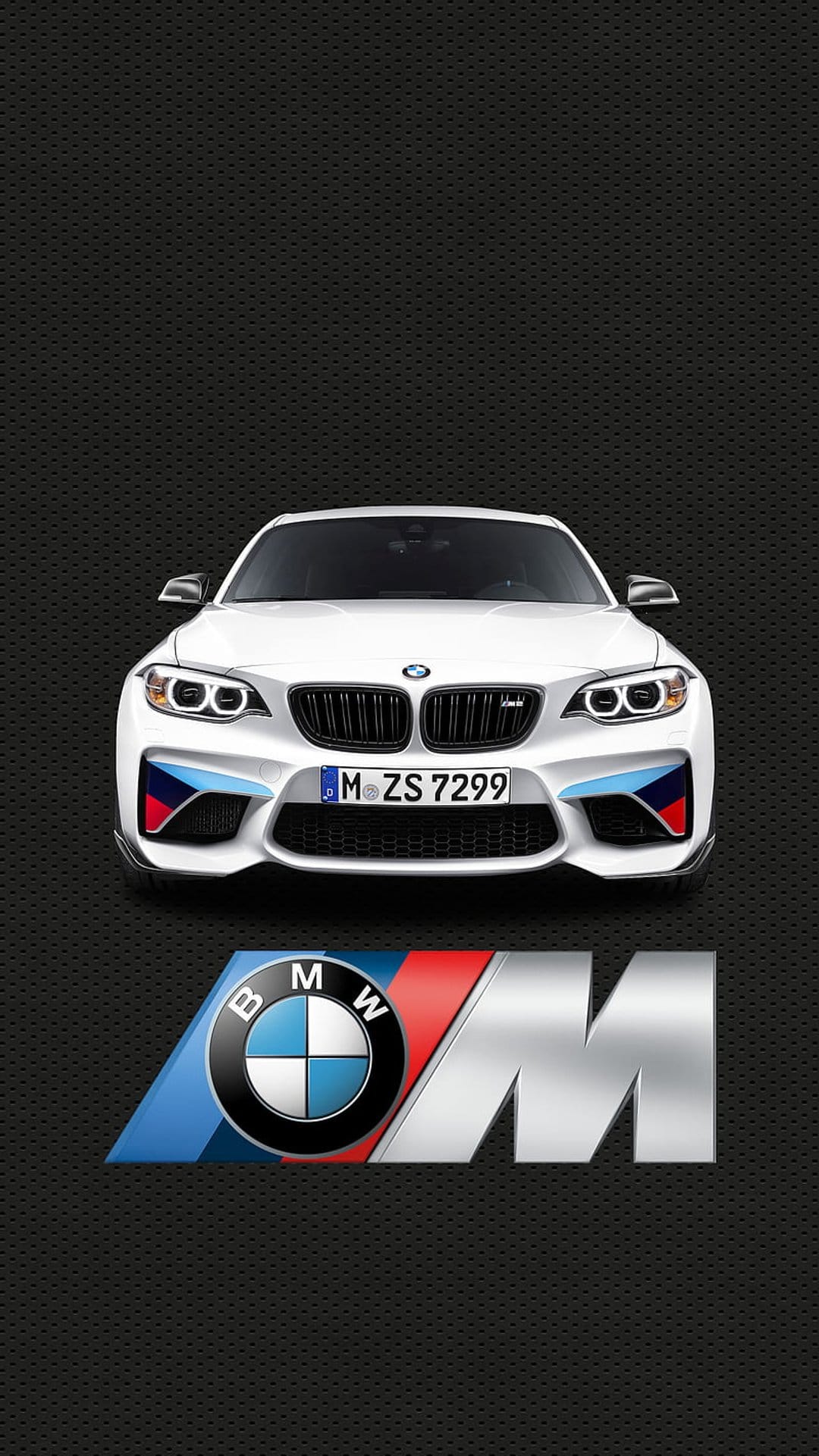 White BMW M car with iconic kidney grille and colorful M logo positioned against a dark textured background.