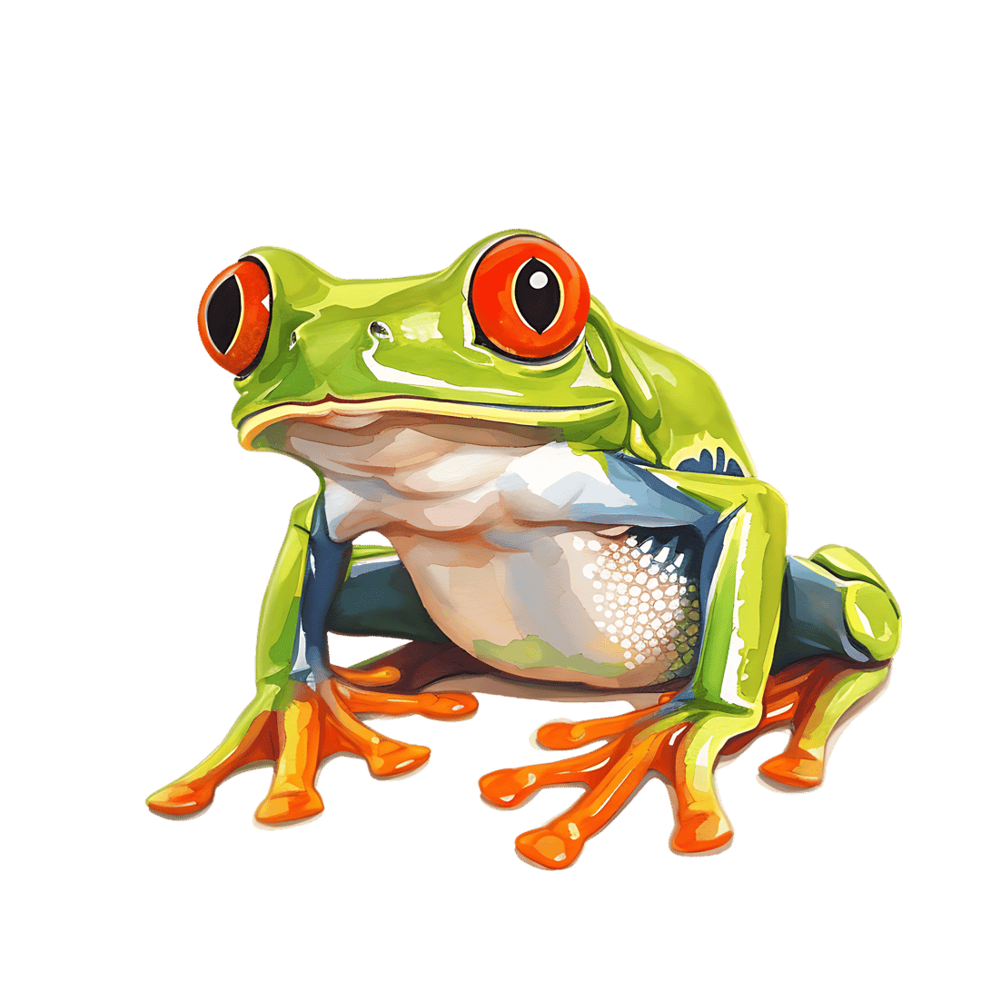 Red-eyed tree frog watercolor art showing vivid green skin and scarlet eyes isolated against a dark background.