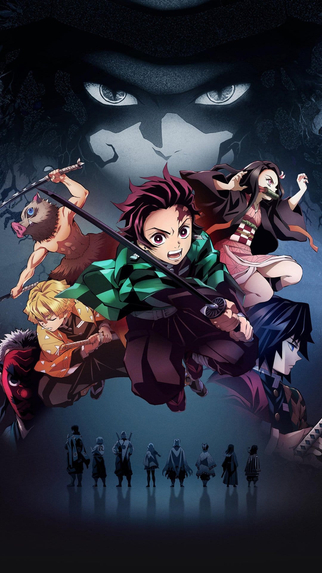 Tanjiro, Nezuko, Zenitsu, and Inosuke stand ready before Hashira silhouettes and massive glowing demonic eyes.