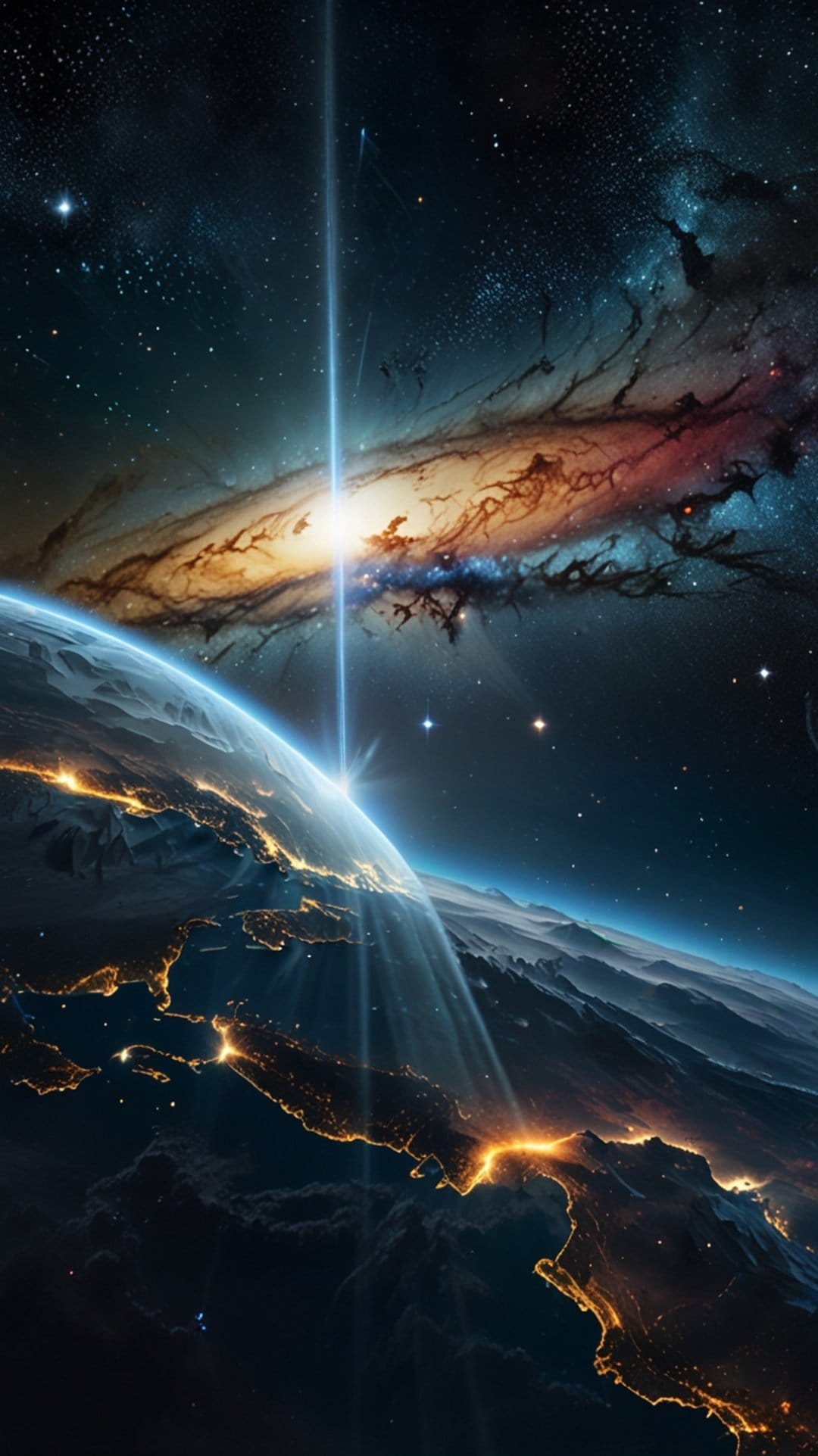 Earth illuminated by a vertical beam of light from a colorful nebula against a backdrop of twinkling city lights.