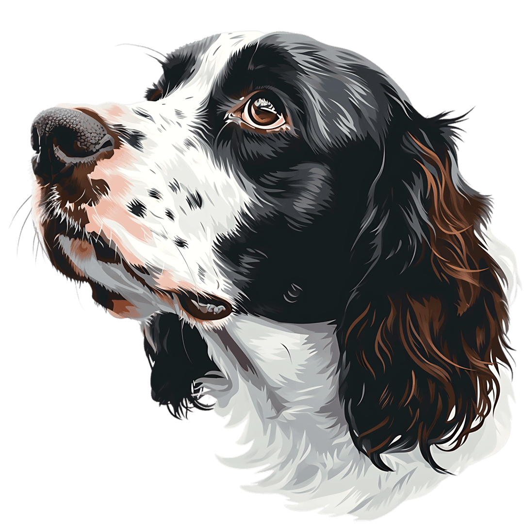 English Springer Spaniel profile illustration showing black white fur textures against a dark background.