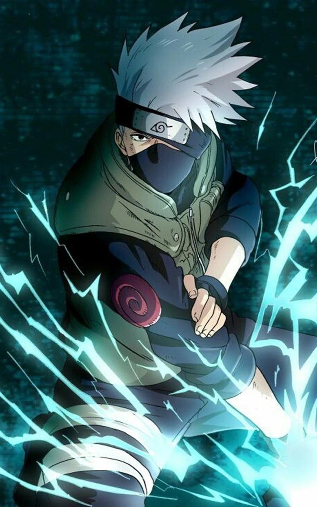 Kakashi Hatake holds a glowing orb of blue lightning while wearing a mask and leaf village headband in the dark.