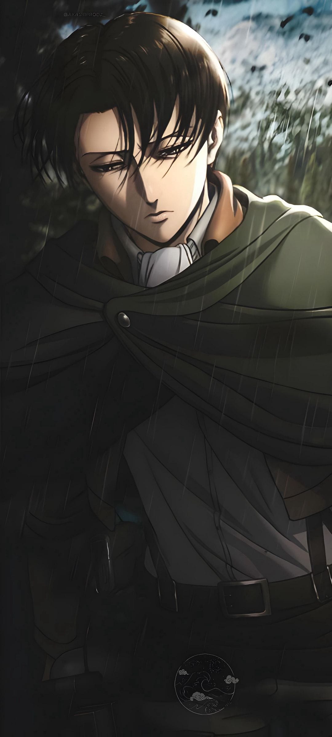 Levi Ackerman stands in the rain with a stoic expression, wearing his green Survey Corps cloak and wet hair.