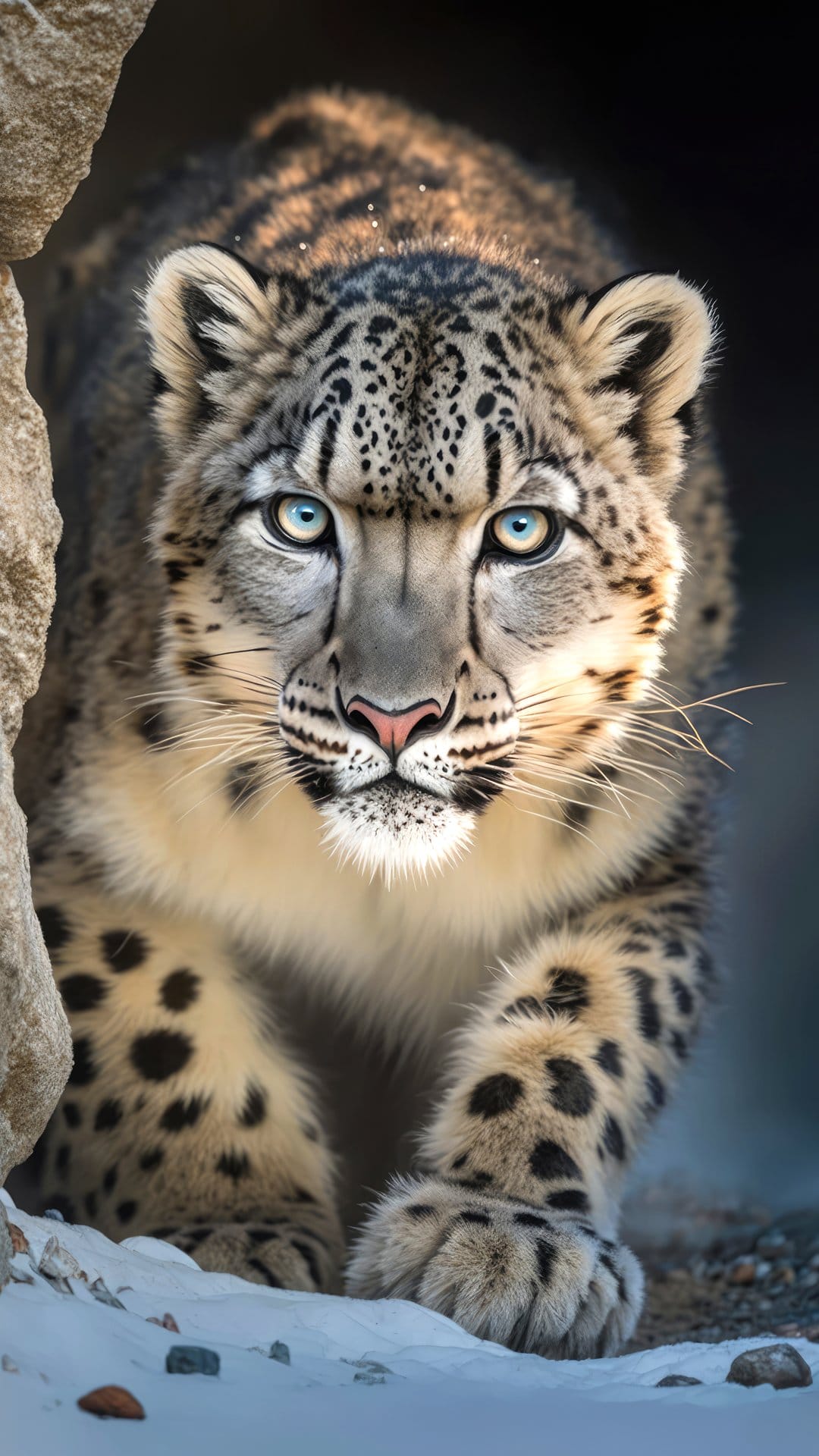 Snow leopard with blue eyes peers out from a mountain cave, showcasing thick spotted fur and powerful paws.