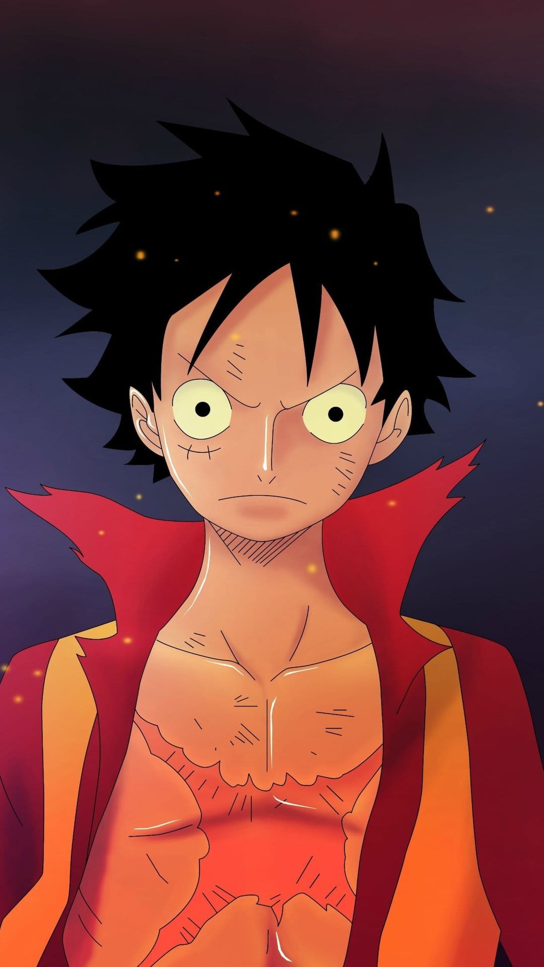Monkey D. Luffy in Gear Fourth with a glowing orange chest, wide eyes, and furrowed brow during an intense battle.