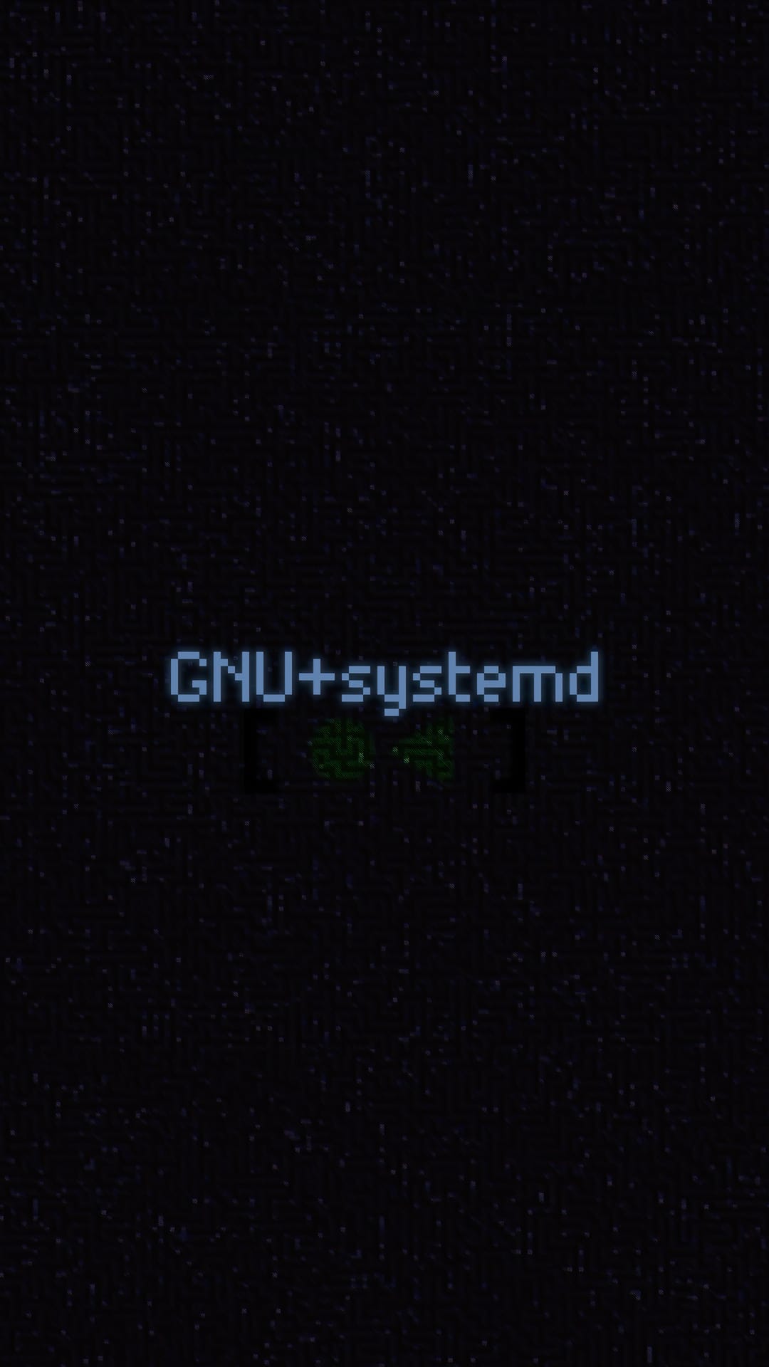 GNU plus systemd text in blocky green pixels displayed on a speckled black terminal boot screen background.