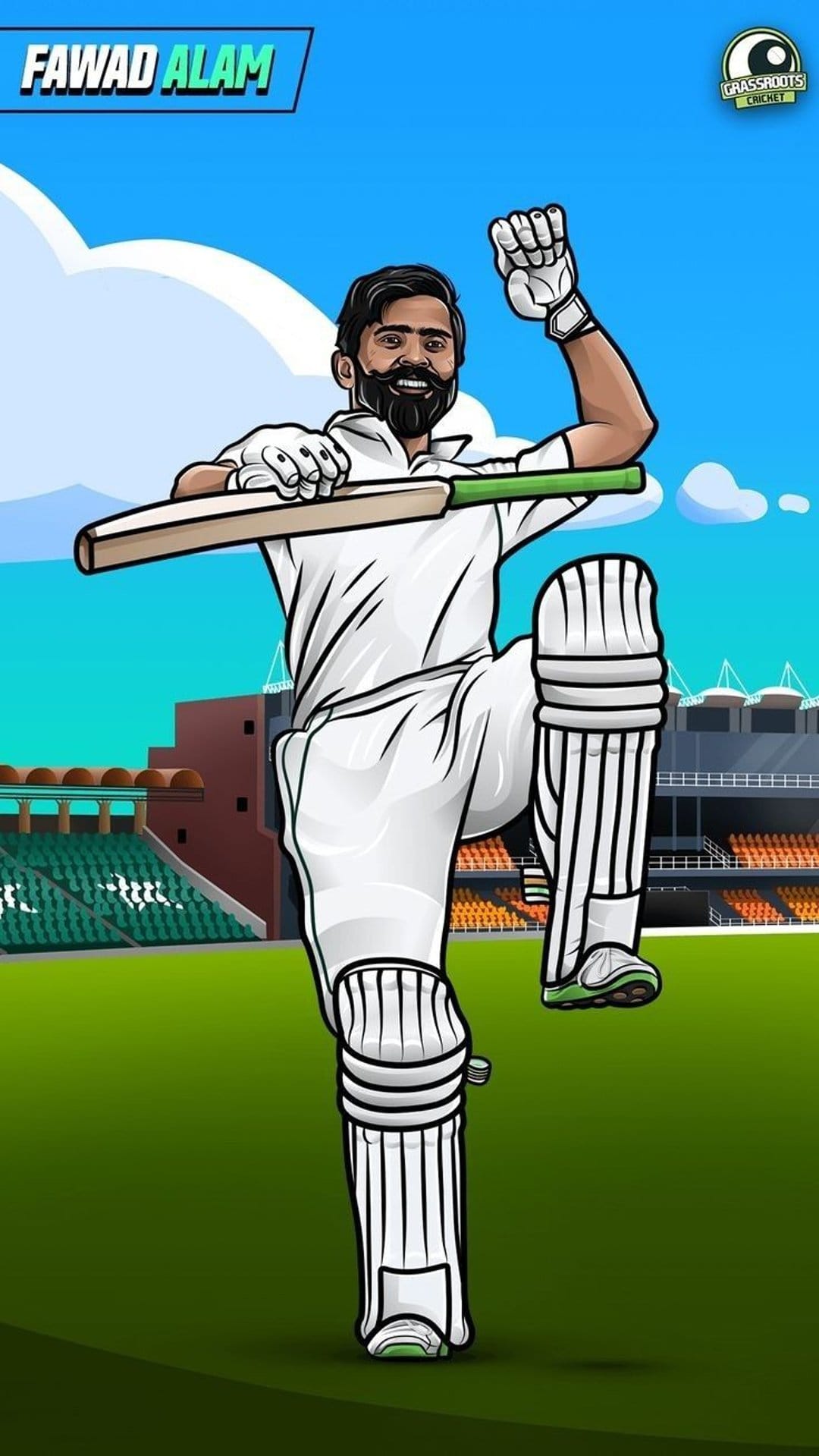 Fawad Alam raises a cricket bat and clenches his fist while celebrating on a green field under a blue sky.