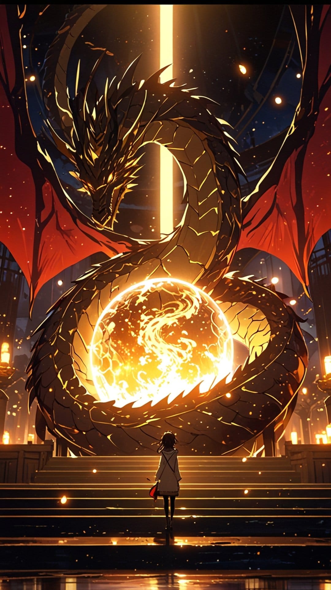 Small girl gazes at a colossal golden dragon coiled around a radiant sun-like orb within an ancient stone hall.
