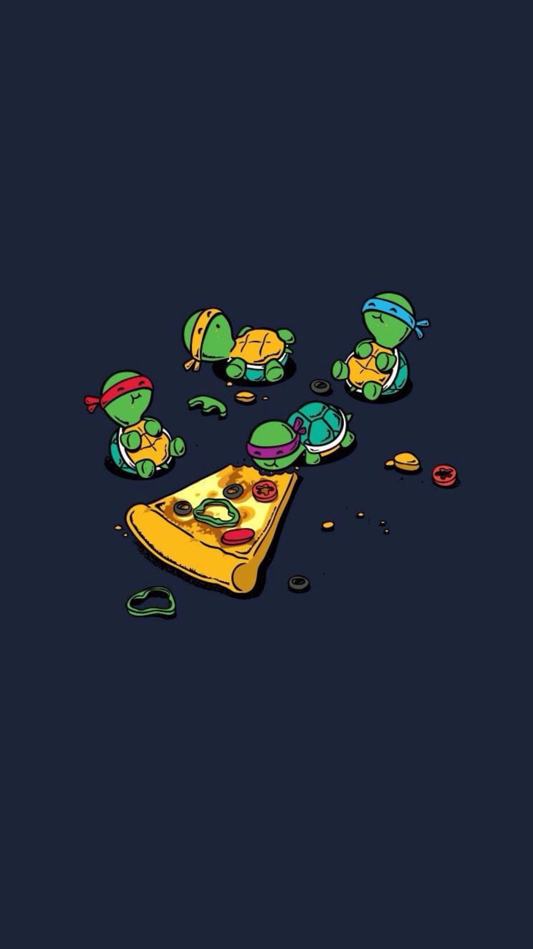 Four baby Ninja Turtles in colored masks crowd around a single slice of pepperoni pizza with melted cheese.