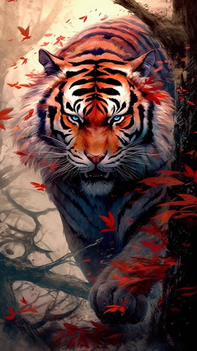 tiger,predator,animal,grin,leaves,art