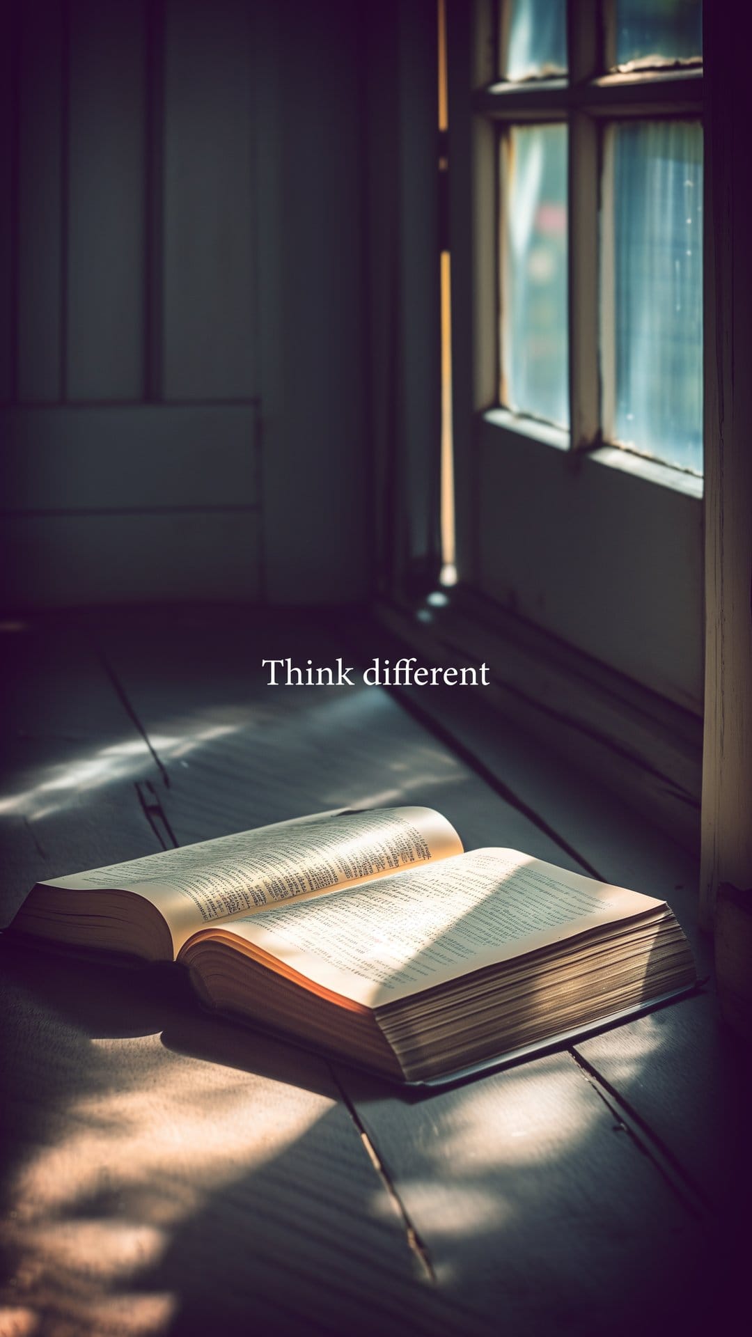 Open book on a wooden floor illuminated by golden sunbeams with the text Think Different on the paper.