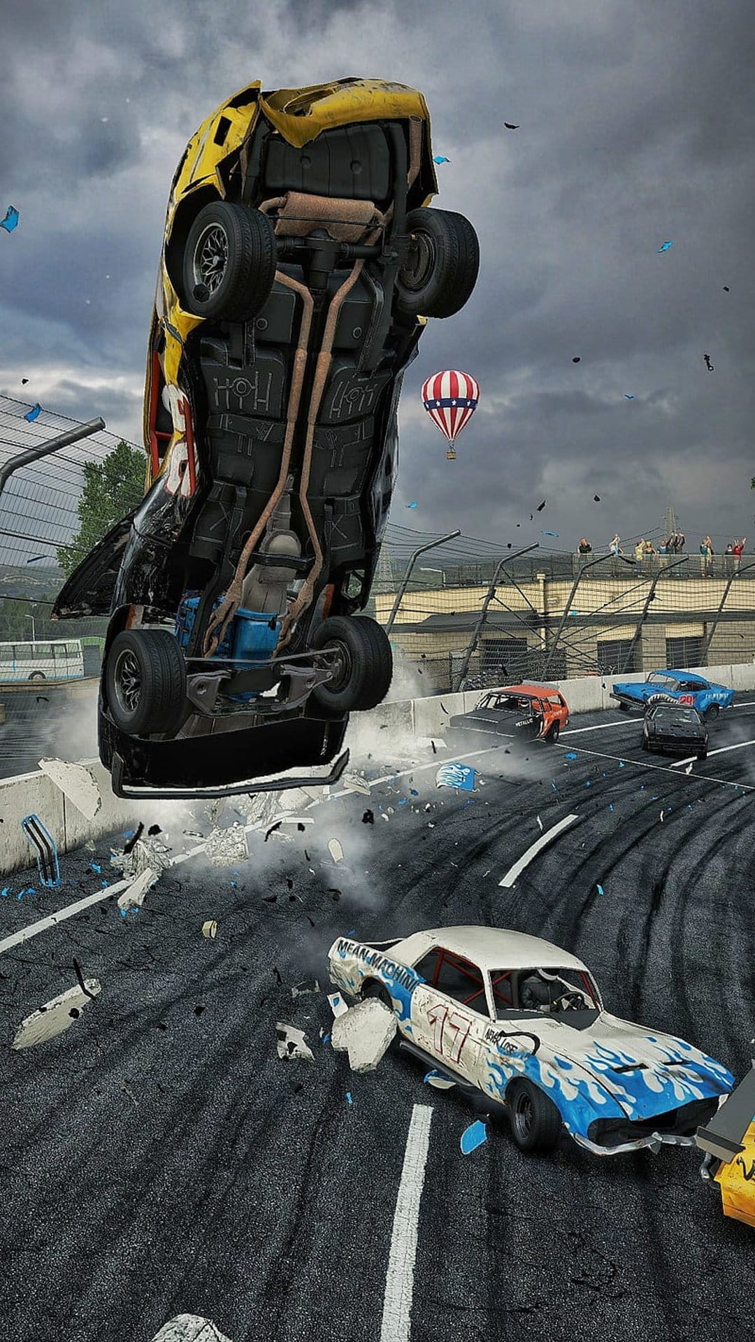Yellow car flipping upside down over a racetrack with smoke, debris, and a white car under a stormy sky.
