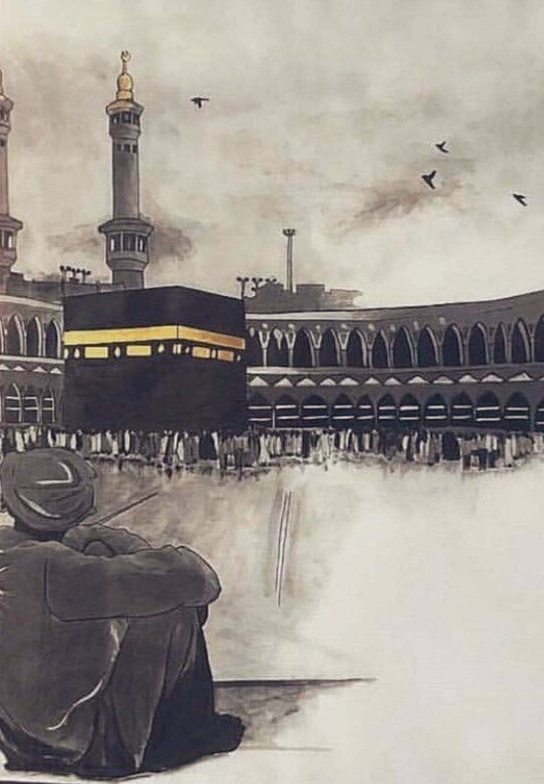 Lone person from behind gazes at the Kaaba with gold accents under birds flying near Islamic minarets.