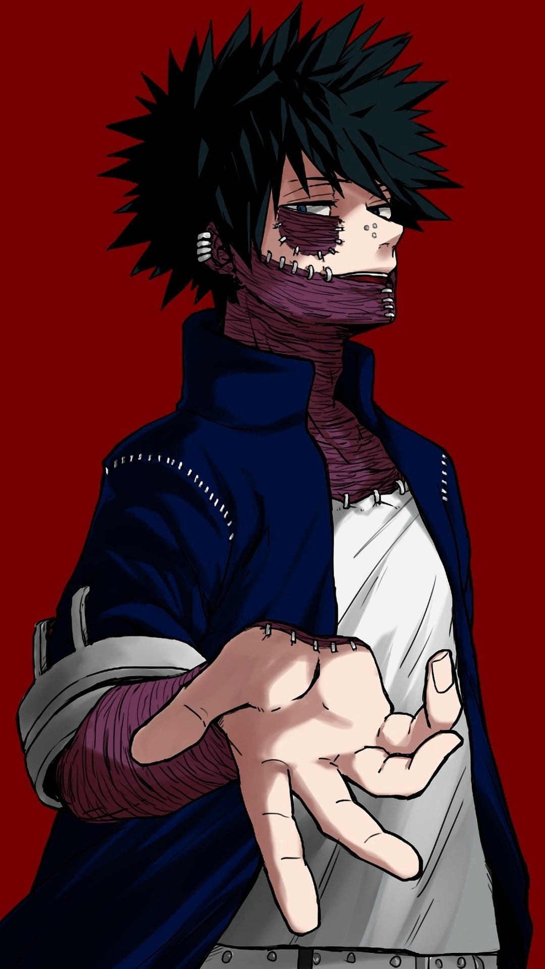 Dabi extends a scarred hand forward with an intense gaze against a solid red background for mobile screens.