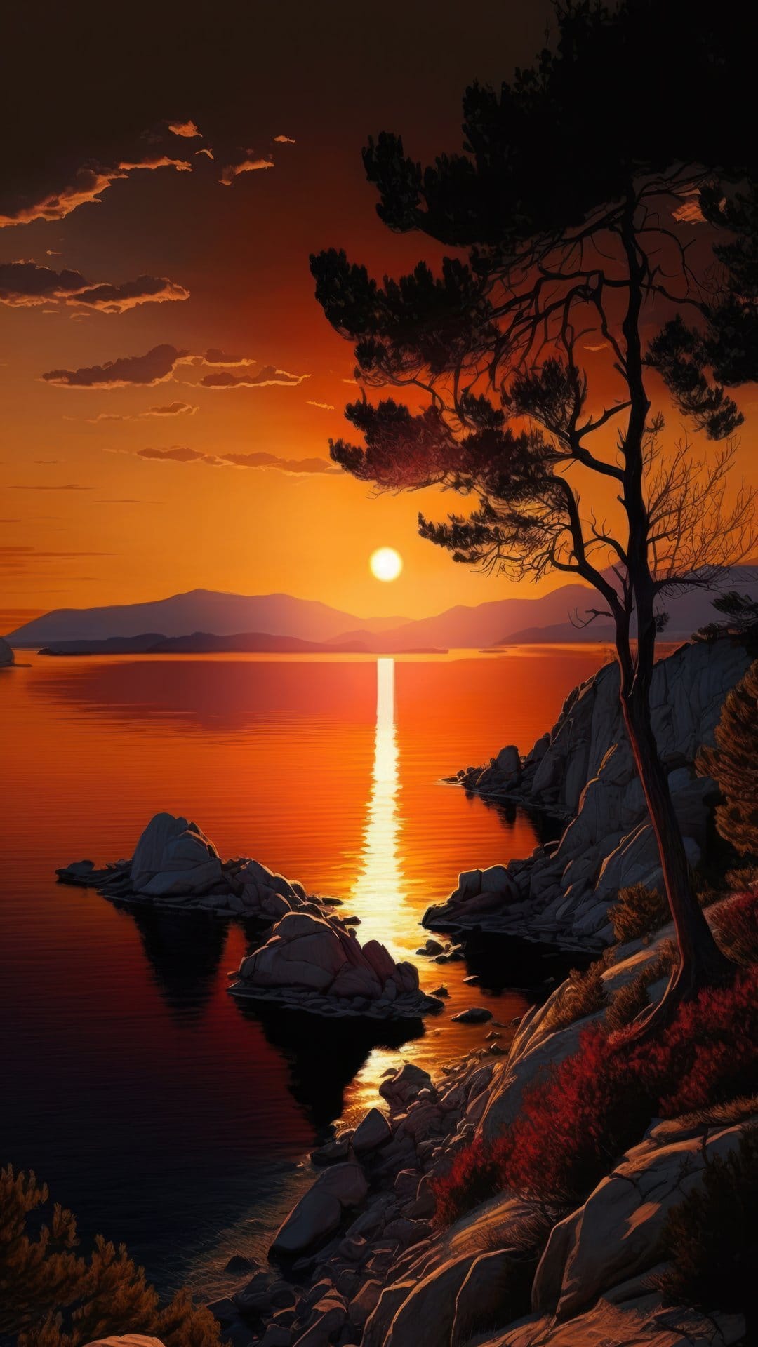 Gnarled tree silhouette on a rocky outcrop overlooks a glowing orange sunset and calm lake with distant mountains.