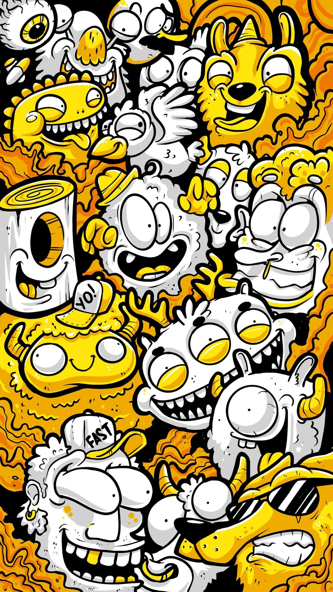 Quirky hand-drawn monsters with expressive faces and sharp teeth overlap on a solid yellow background.