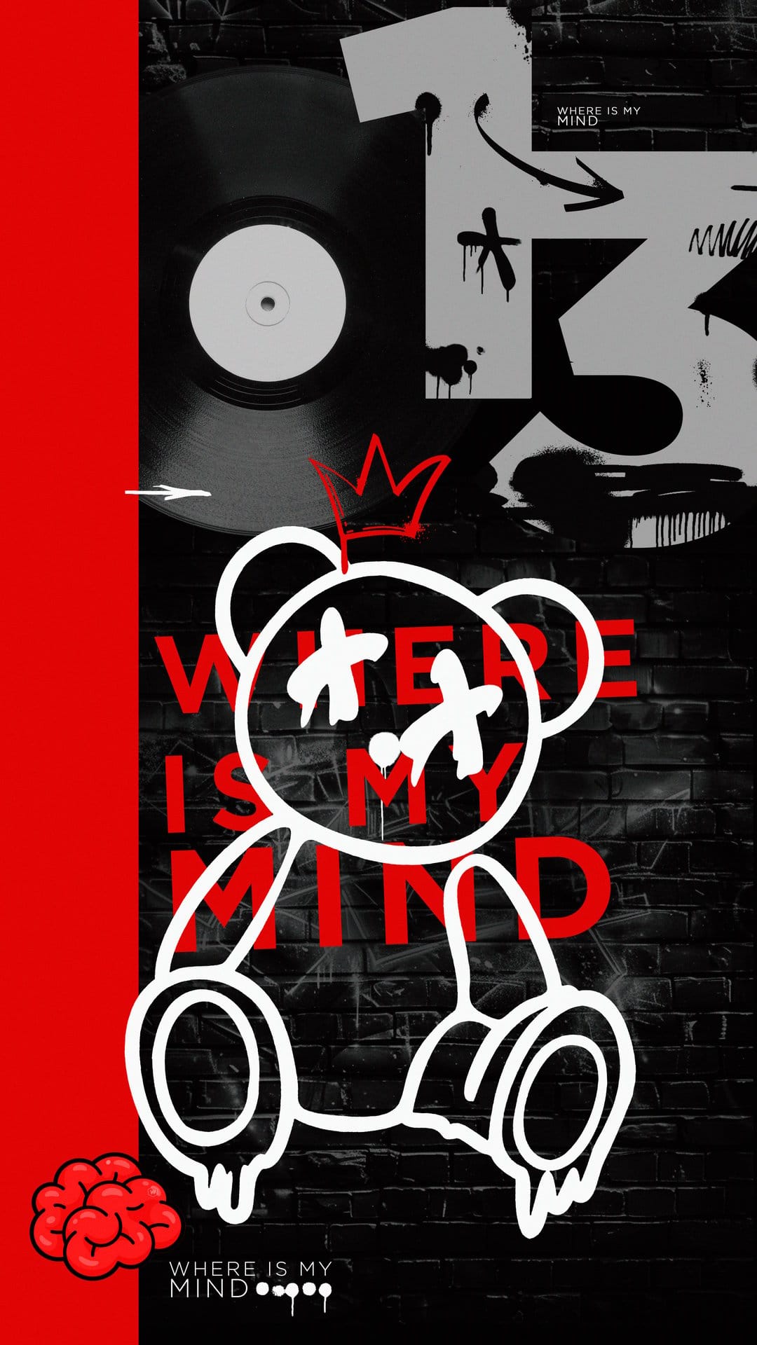 White outlined bear with X eyes and a red crown beside a vinyl record and brain on a textured brick wall.