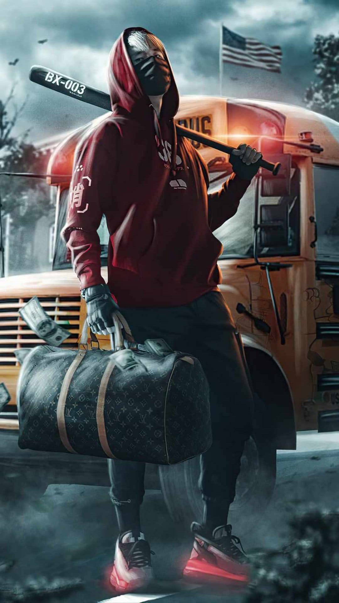 Masked person in a red hoodie holding a baseball bat behind their head next to a yellow school bus and flag.
