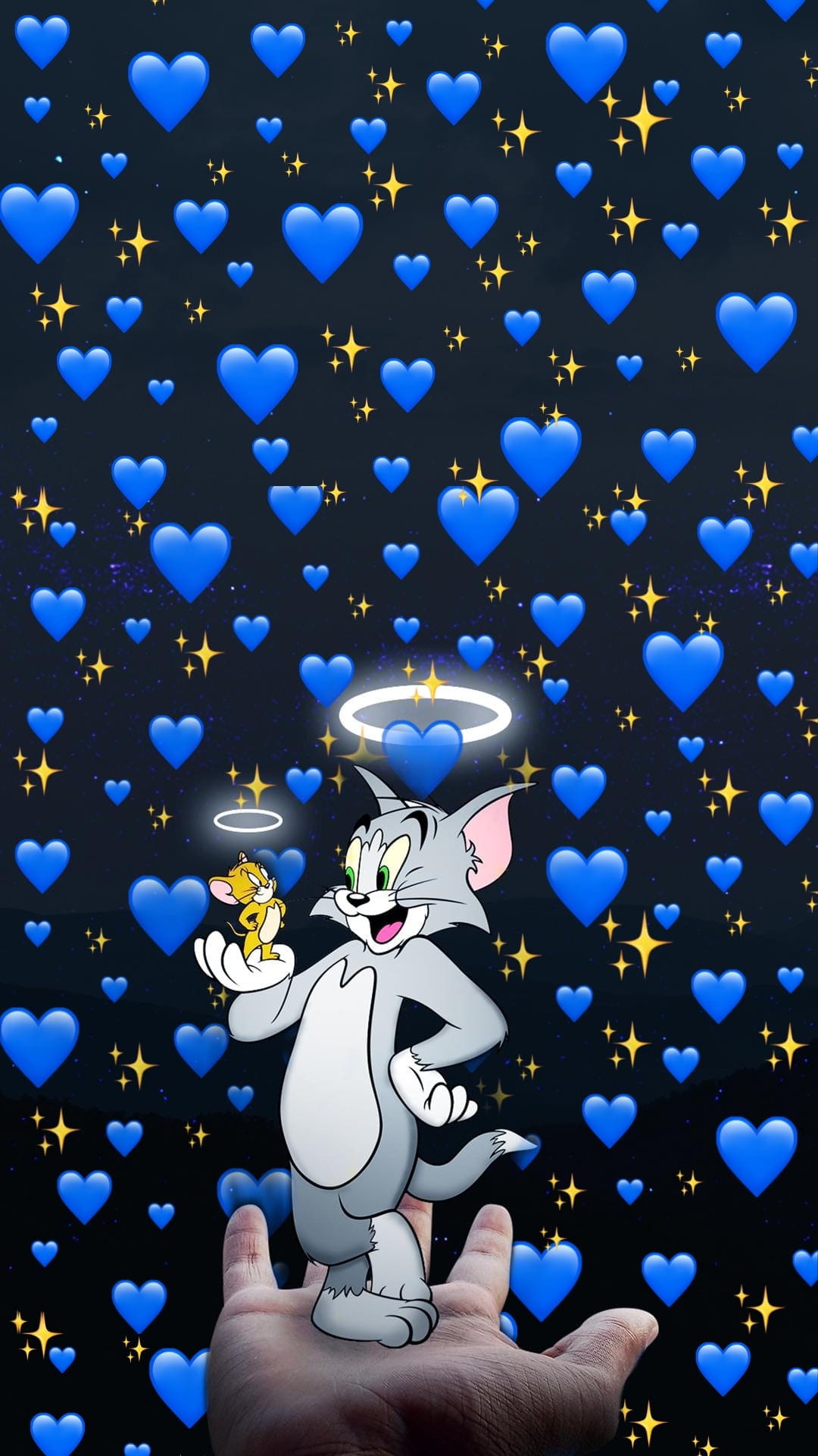 Tom the cat and Jerry the mouse stand together surrounded by luminous blue hearts and yellow twinkling stars.