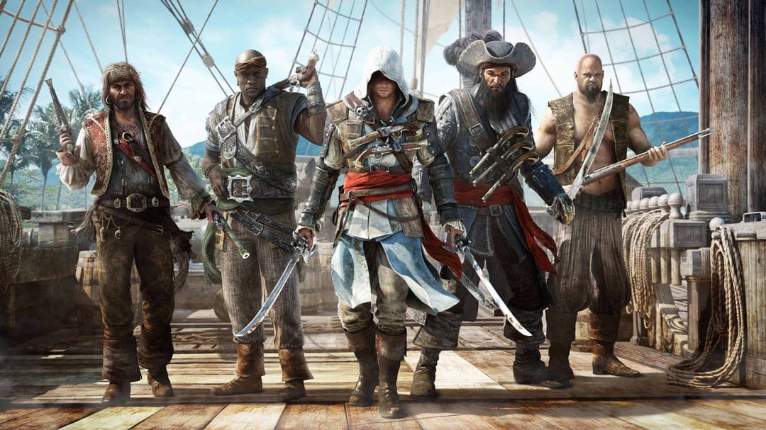Edward Kenway and his pirate crew stand armed on a wooden ship deck under a bright tropical blue sky.