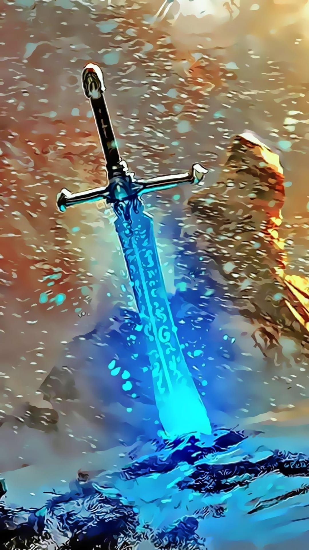 Glowing blue sword with intricate runes partially submerged in shimmering water against a warm abstract background.