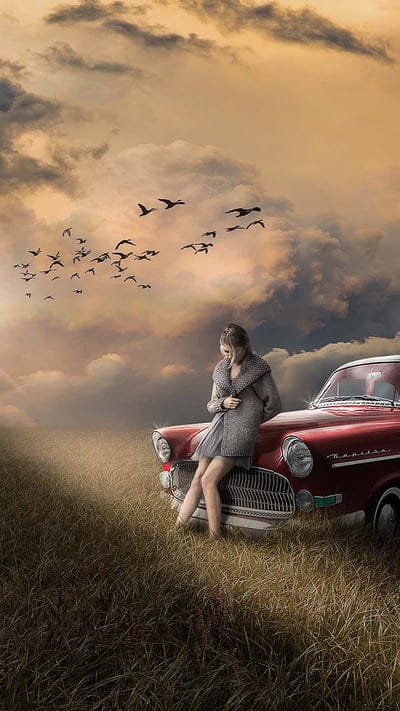 Runaway woman, 3d, birds, field, girl, nature, pretty, red car, sad, vintage car, mobile wallpaper, android wallpaper, iPhone wallpaper, phone wallpaper