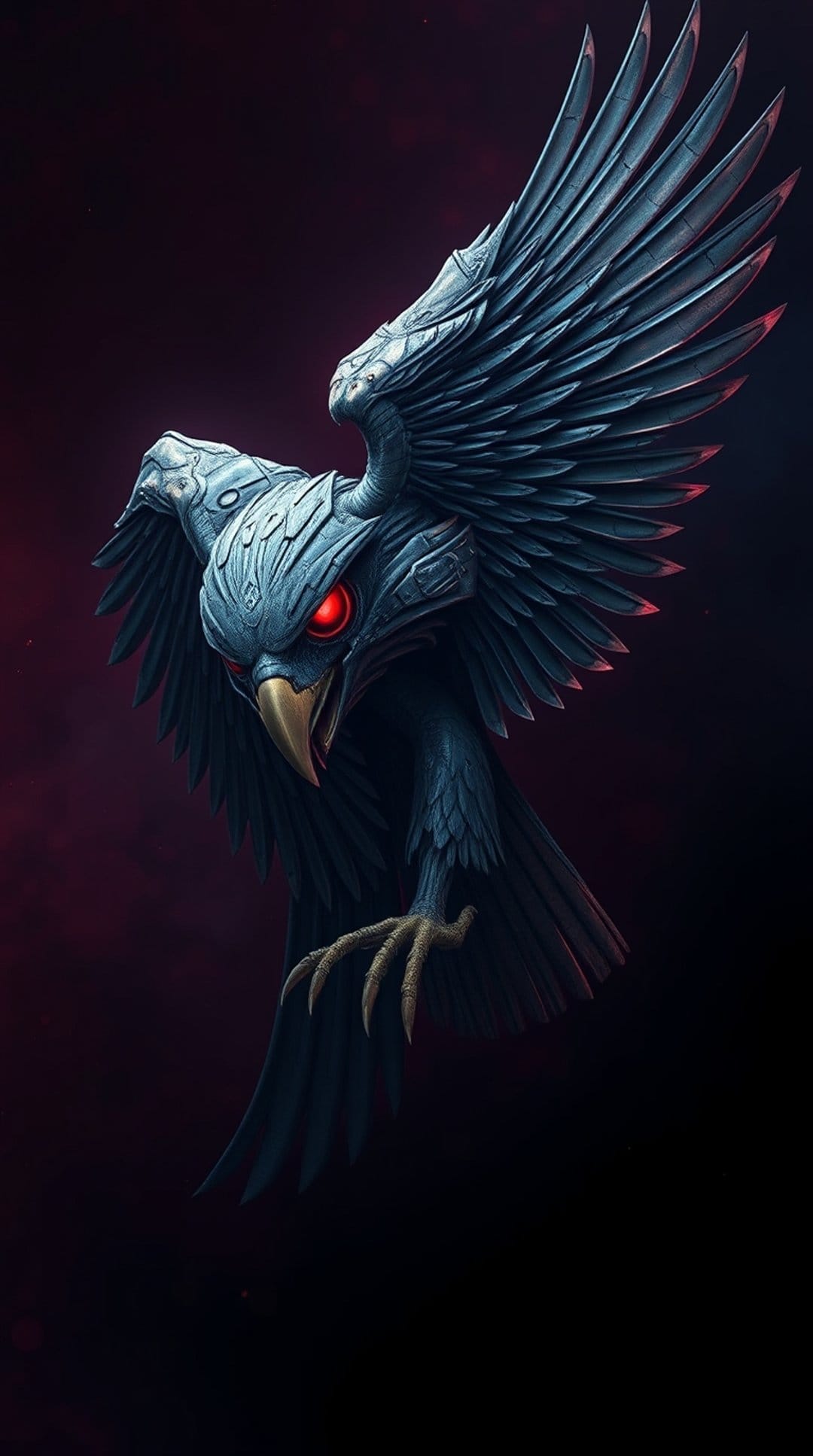 Armored eagle with glowing red eyes and metallic plating on its wings against a dark red and black background.